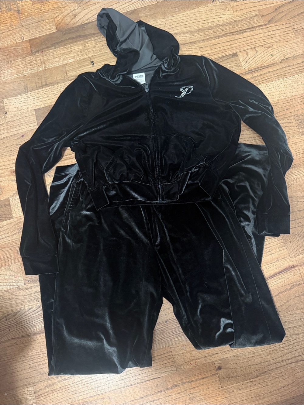 PINK Victoria's Secret Black Velour Zip Hoodie & Joggers Set
